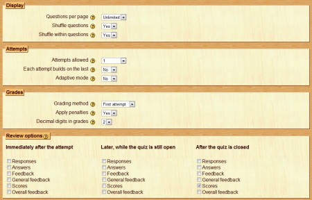 config of quiz in moodle 1.9