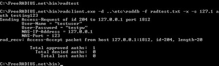 radtest with testuser and testpw