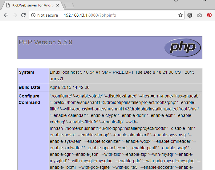 phpinfo on kickweb server